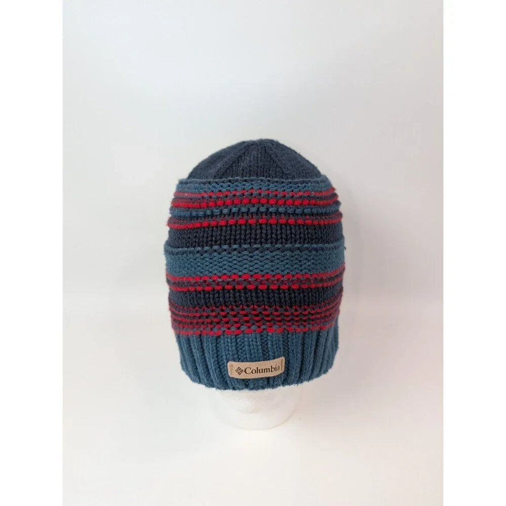 Columbia Knit Beanie Hat Blue Red Striped Fleece Lined Unisex Winter Cap